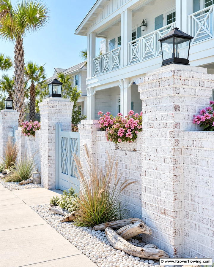 Whitewashed Brick Fence for a Coastal Vibe - 20 Front Yard Brick Fence Ideas for a Classic Look