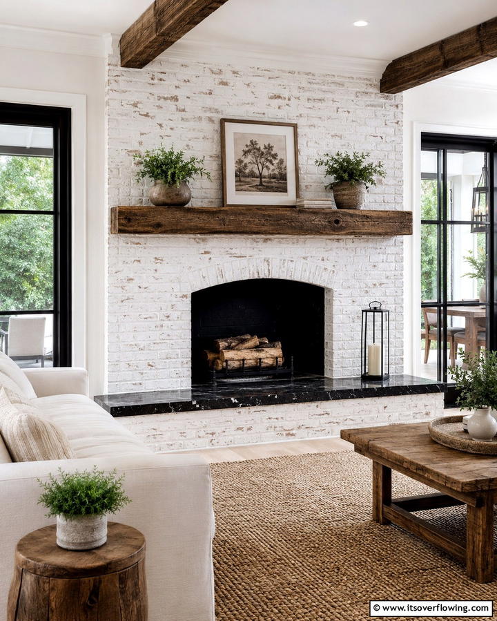 Whitewashed Brick with Black Hearth - 25 Black and White Fireplace Ideas for Timeless Elegance
