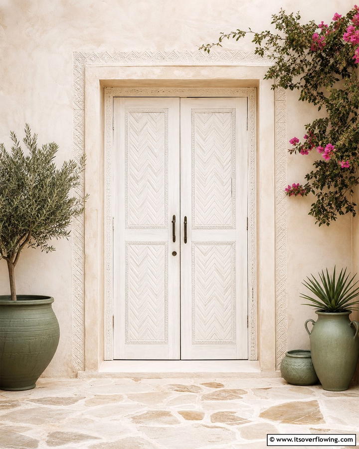 Whitewashed Doors with Subtle Patterns - 25 Mediterranean Front Door Ideas for a Warm Welcome