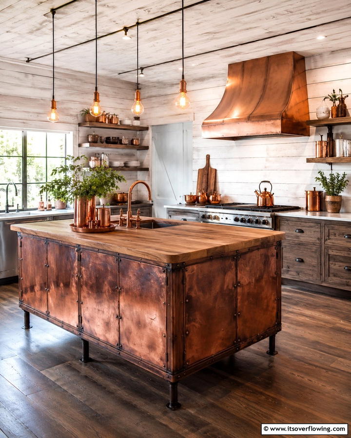 Whitewashed Shiplap with a Copper Island - 20 Kitchen Shiplap Ideas with Kitchen Island Designs