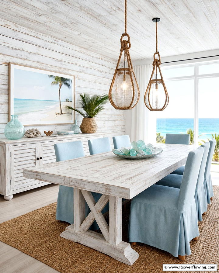 Whitewashed Wood Accents - 25 Coastal Dining Room Ideas for a Beachy Vibe