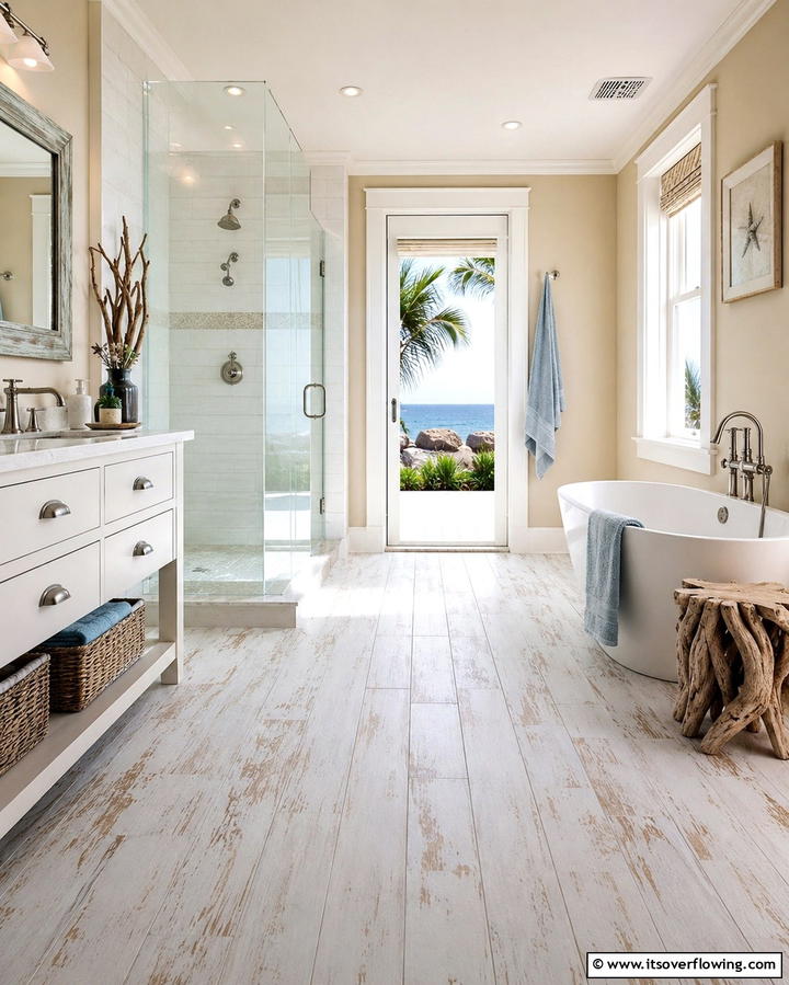 Whitewashed Wood for Coastal Vibes - 30 Wood Floor Ideas for Bathrooms- Warmth Meets Function