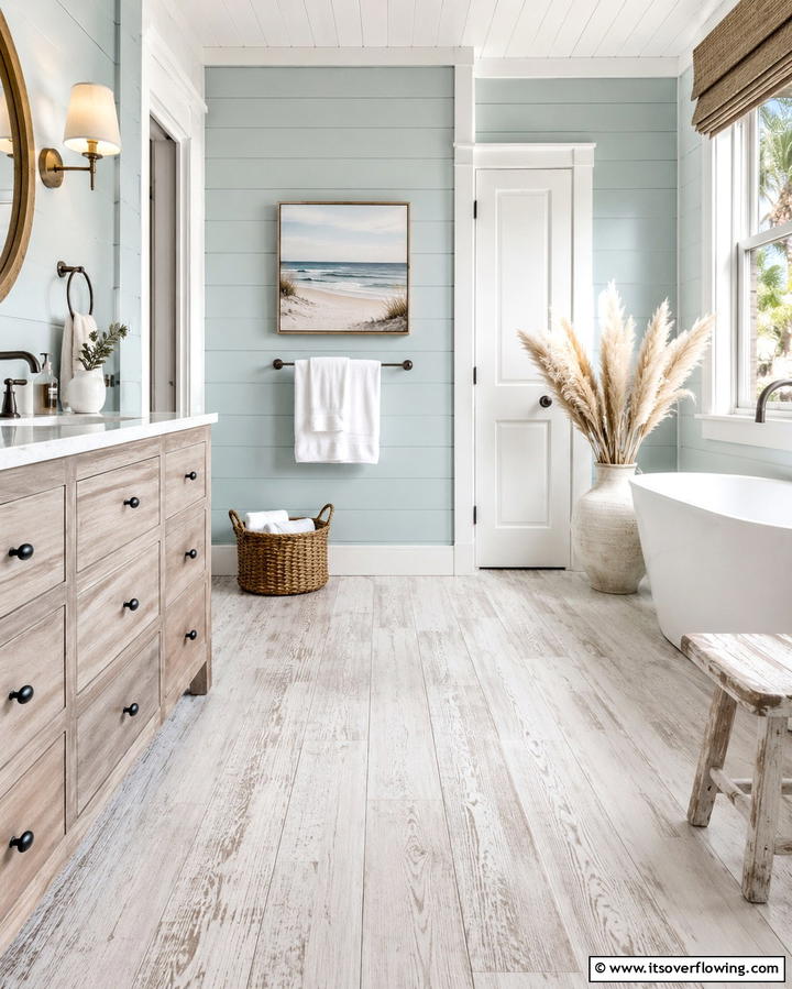 Whitewashed Wood for a Coastal Vibe - 30 Wood Floor Ideas for Bathrooms- Warmth Meets Function