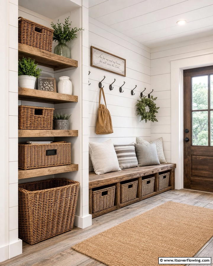 Wicker Baskets for Rustic Storage - 20 Farmhouse Mudroom Ideas for a Rustic Entryway