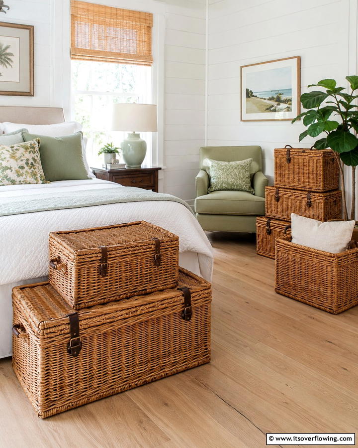 Wicker Baskets for Storage - 25 Green and Brown Bedroom Ideas for Earthy Vibes