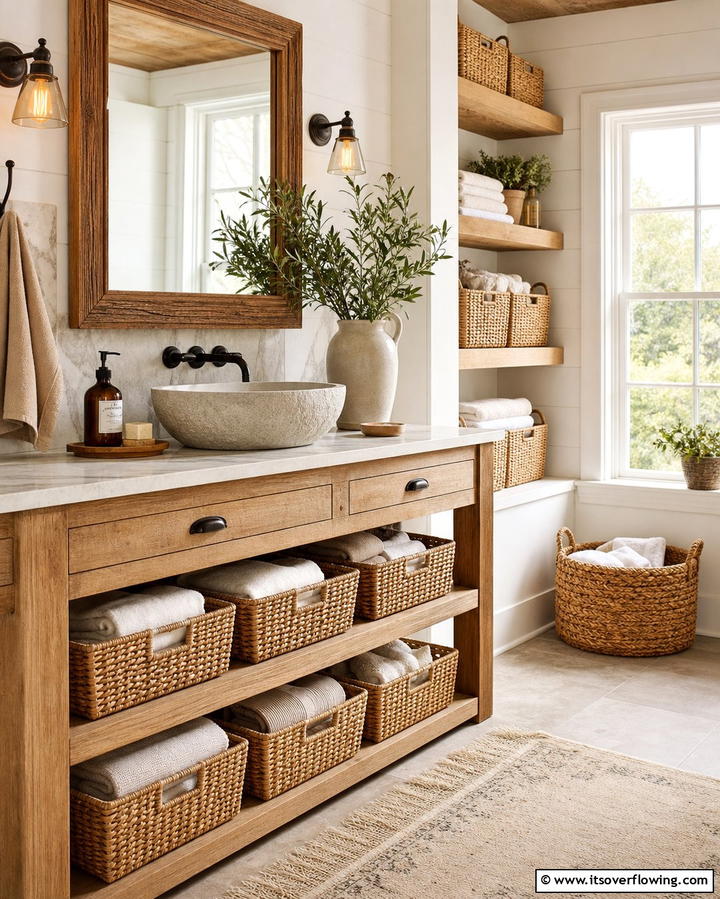 Wicker Baskets for StorageExact - 25 Farmhouse Bathroom Ideas for a Rustic and Relaxing Retreat