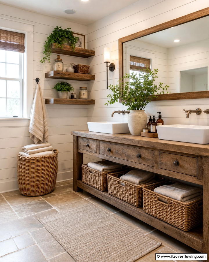 Wicker Baskets for StorageOne - 25 Farmhouse Bathroom Ideas for a Rustic and Relaxing Retreat