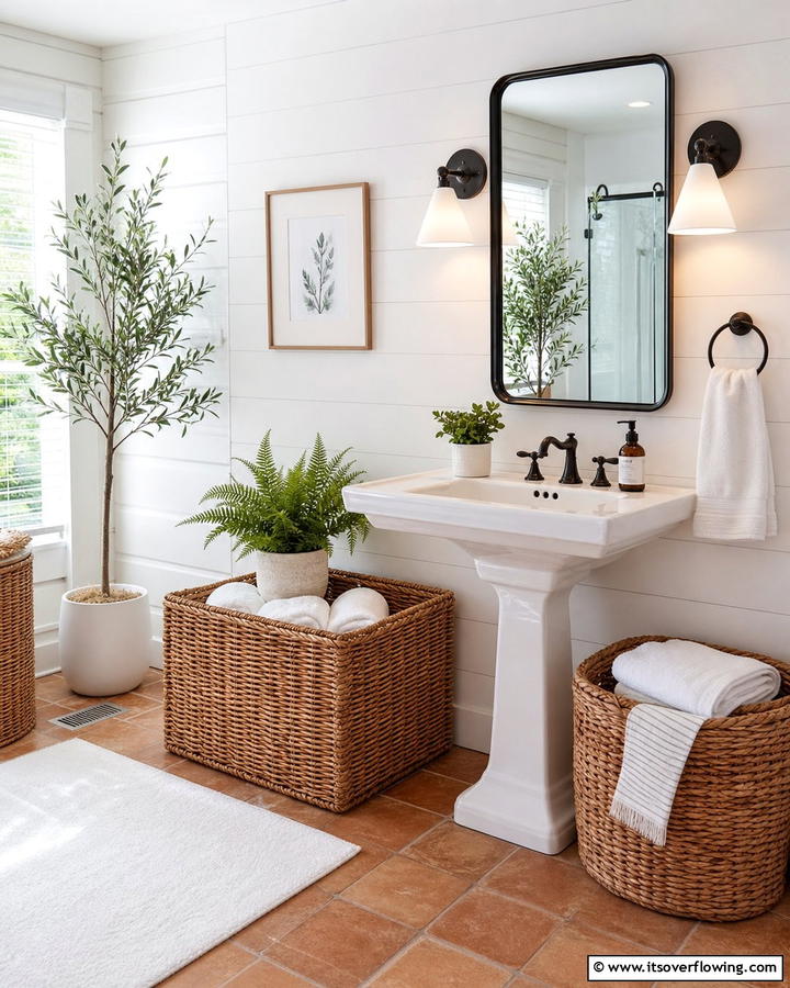 Wicker Baskets on the Floor - 20 Pedestal Sink Storage Ideas for Organized Bathrooms