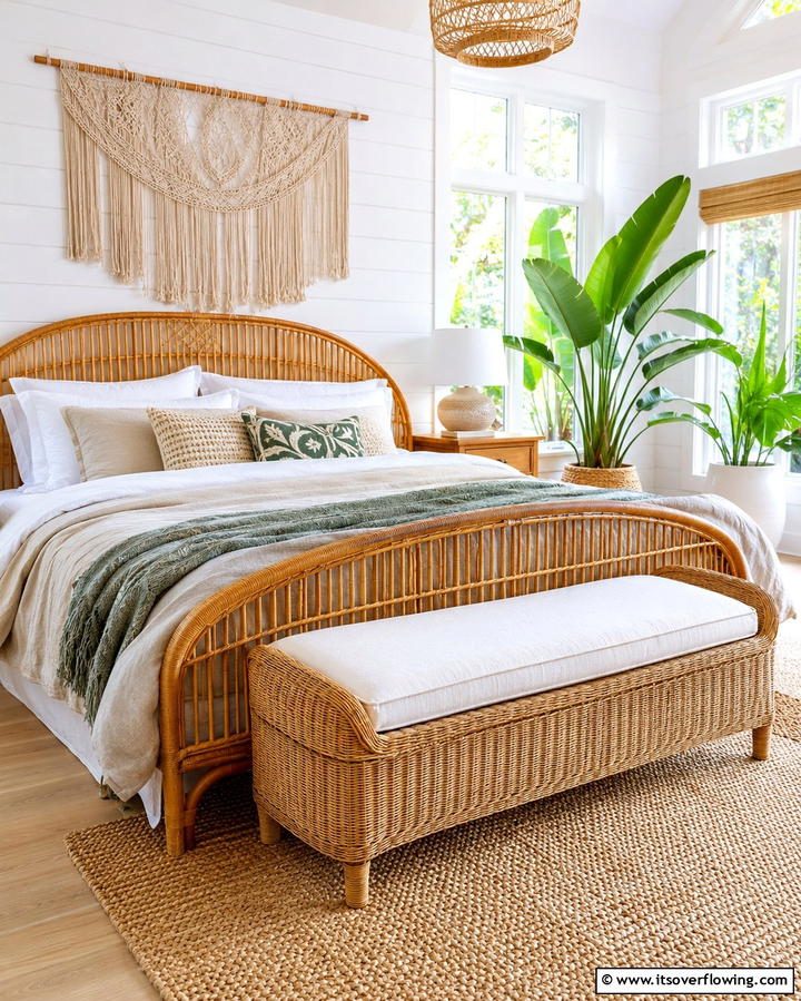 Wicker Bench for a Casual and Cozy Vibe - 25 Stunning Bedroom Bench Ideas for a Cozy Retreat