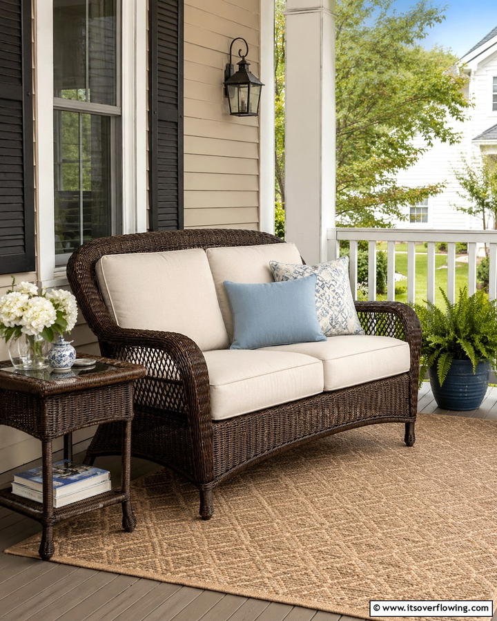 Wicker Bench with Cushions - 25 Front Porch Bench Ideas for a Welcoming Entrance