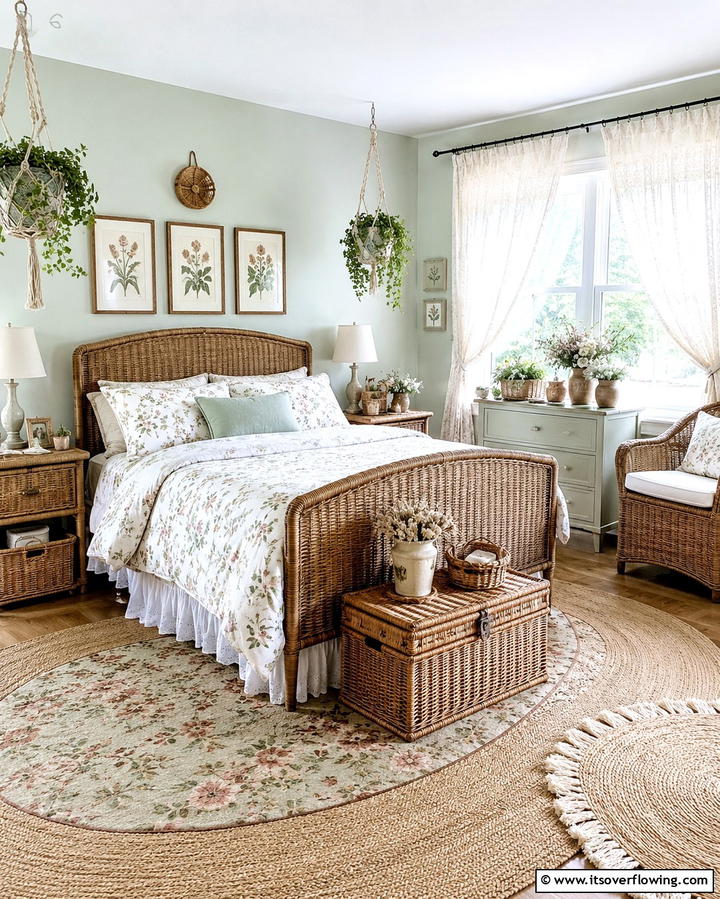 Wicker Furniture Accents - 25 Cottagecore Bedroom Ideas- Cozy & Rustic Designs