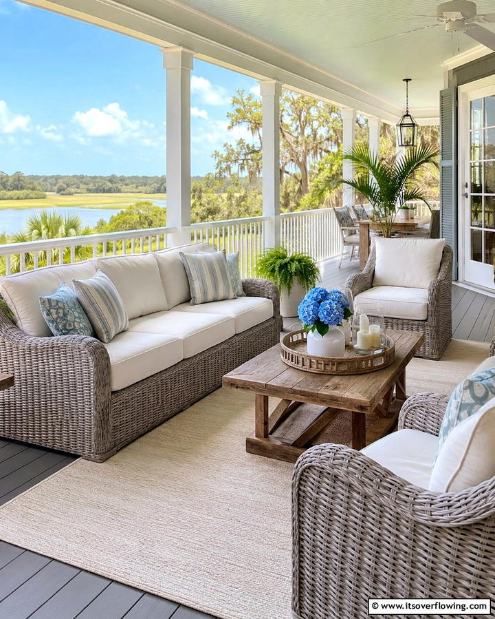 Wicker Furniture Set - 25 Farmhouse Porch Ideas for a Cozy Outdoor Retreat