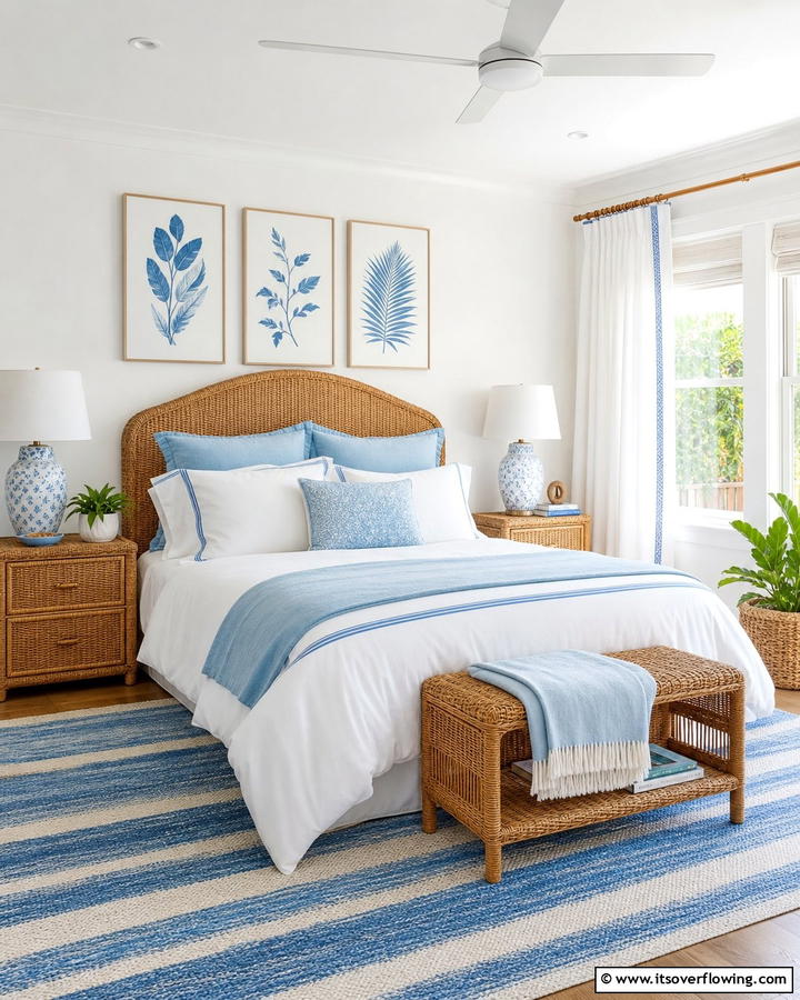 Wicker Furniture for a Natural Touch - 25 Blue and White Bedroom Ideas for a Calming Space