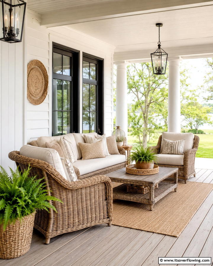 Wicker Furniture with Cushions - 25 Rustic Porch Ideas to Create a Cozy Outdoor Retreat