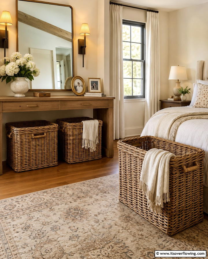 Wicker Storage Baskets - 25 Grandmillennial Style Bedroom Ideas for a Chic Look