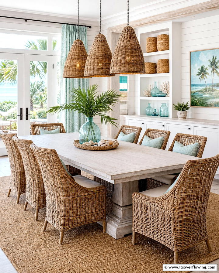 Wicker and Rattan Accents - 25 Coastal Dining Room Ideas for a Beachy Vibe