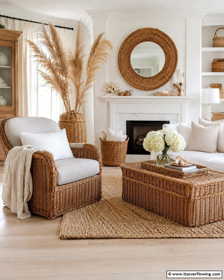 Wicker and Rattan Accents - 25 Shabby-Chic Style Living Room Ideas for a Vintage Look