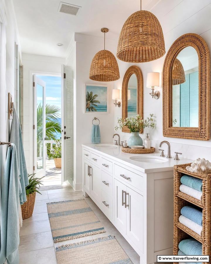 Wicker and Rattan Accents - 25 Coastal Bathroom Ideas for a Serene Beach Retreat