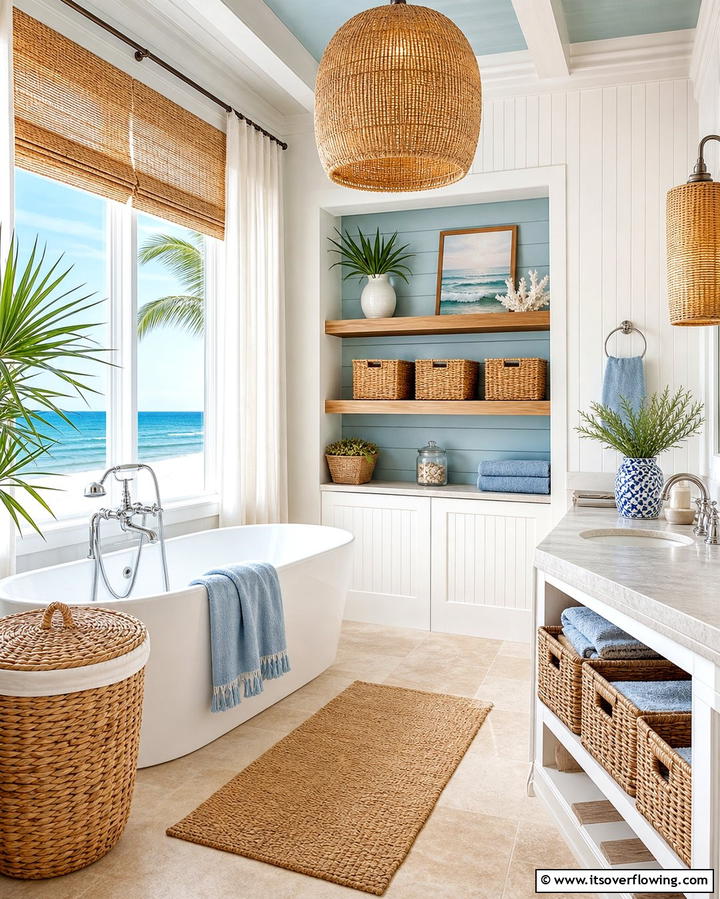 Wicker and Rattan Elements - 25 Coastal Bathroom Ideas for a Serene Beach Retreat