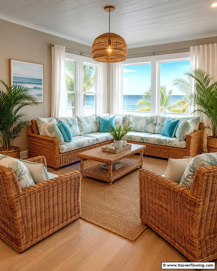 Wicker and Rattan Furniture - 25 Beach House Living Room Ideas for a Coastal Vibe