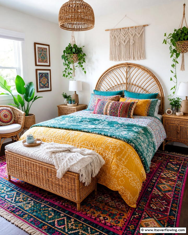 Wicker and Rattan Furniture Pieces - 25 Colorful Boho Bedroom Ideas for a Cozy Retreat