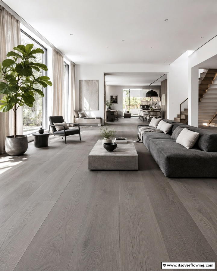 Wide Plank Grey Flooring for Spaciousness - 30 Grey Flooring Living Room Ideas for Modern Elegance