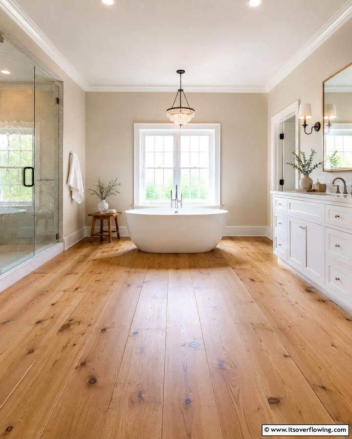 Wide Plank Wood for Spacious Elegance - 30 Wood Floor Ideas for Bathrooms- Warmth Meets Function
