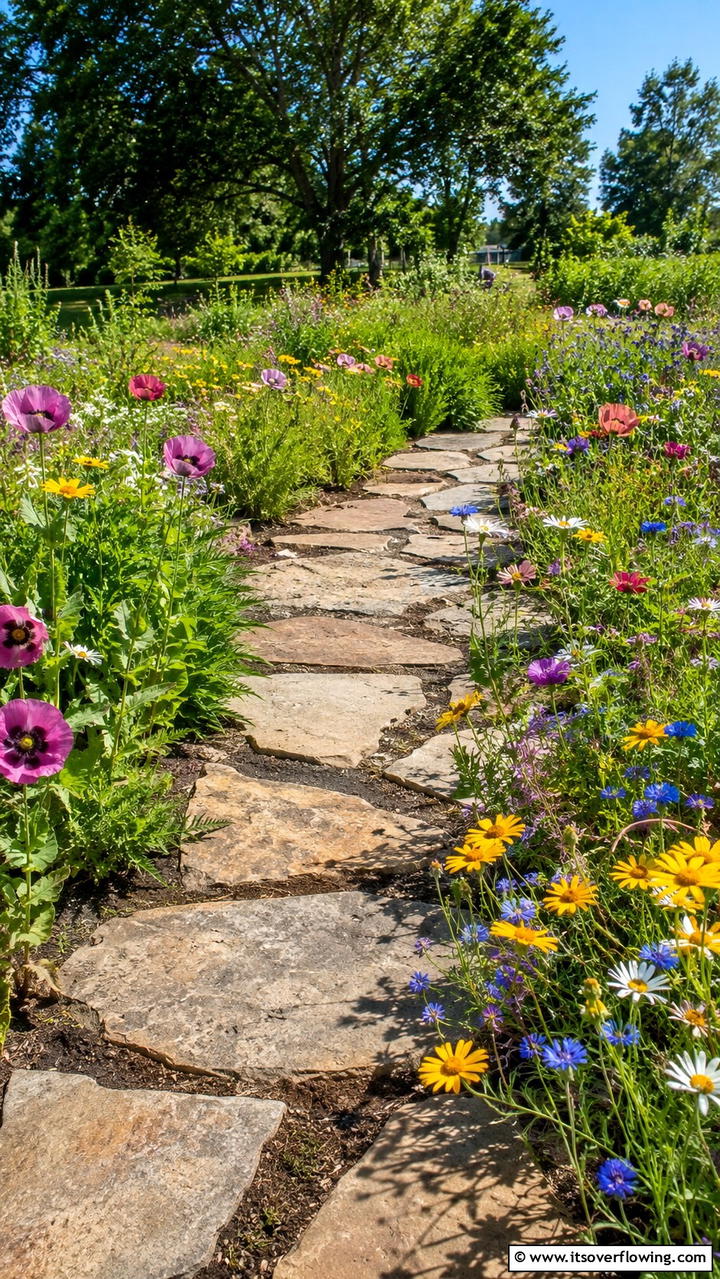 Wildflower Border Flagstone Walkway - 30 Flagstone Walkway Ideas for Charming Pathways