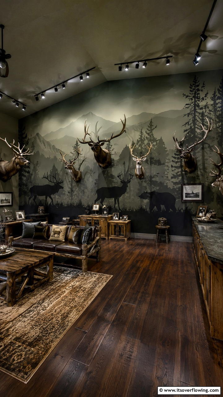 Wildlife Silhouette Backdrop - 30 Hunting Trophy Room Ideas for Rustic Decor