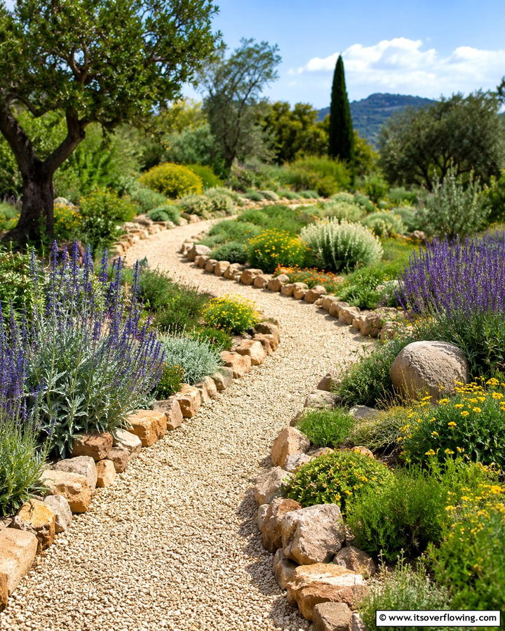 Winding Gravel Path Walkway - 30 Mediterranean Garden Ideas to Create a Coastal Oasis