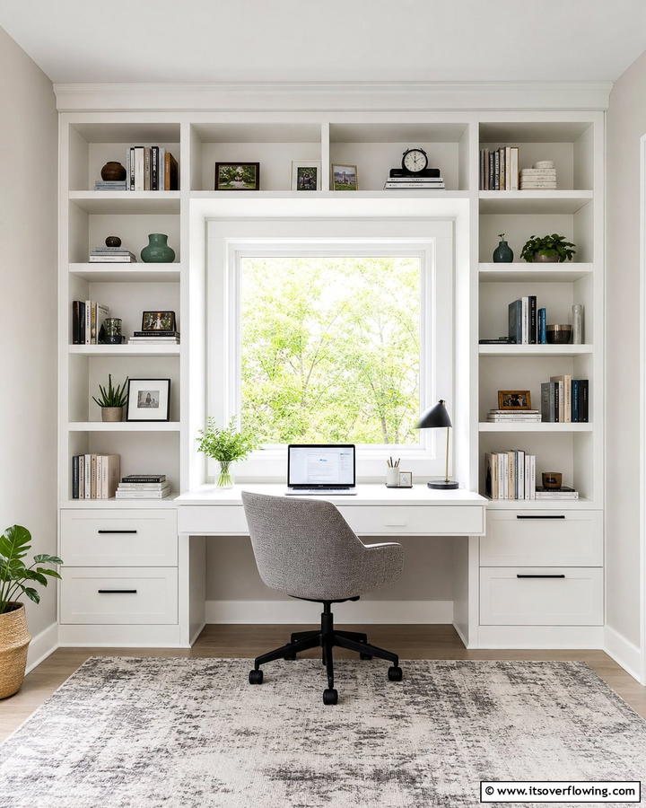 Window Framing Bookcases with a Desk Below - 20 Bookcases Around Window Design Ideas- Functional Decor