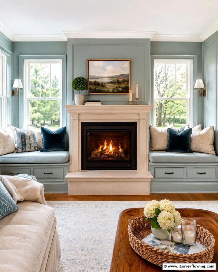 Window Seat Beneath Adjacent Windows - 25 Fireplace Between Windows Ideas for Cozy Homes