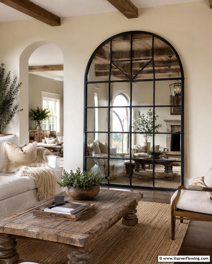 Windowpane Mirror for Rustic Charm - 25 Living Room Mirror Ideas to Brighten Your Space