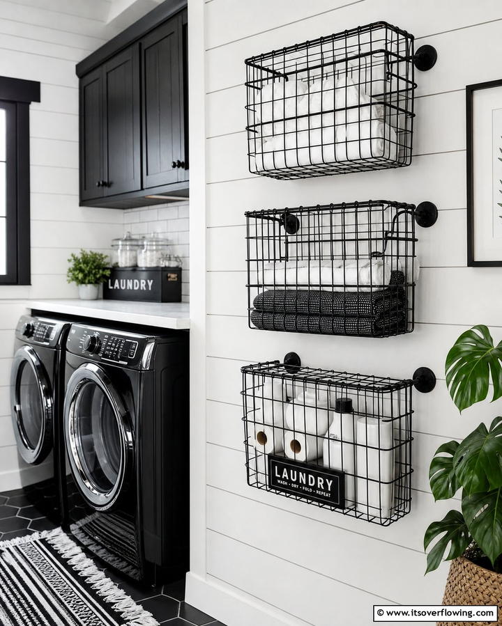 Wire Basket Storage - 25 Farmhouse Laundry Room Ideas for Function and Style