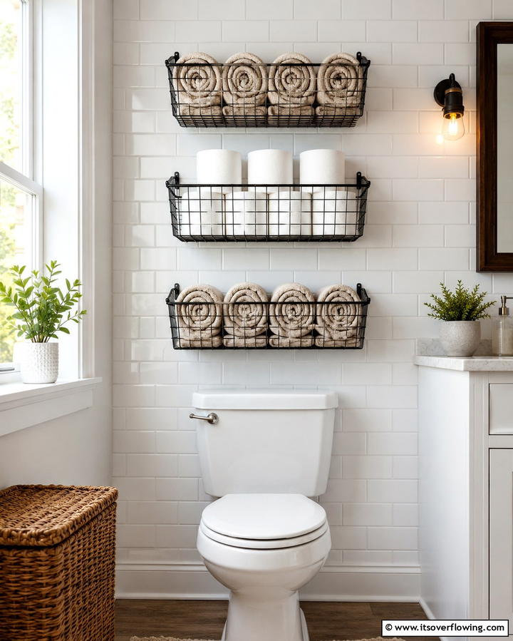Wire Baskets for a Farmhouse Look - 25 Over Toilet Storage Ideas for Small Bathrooms