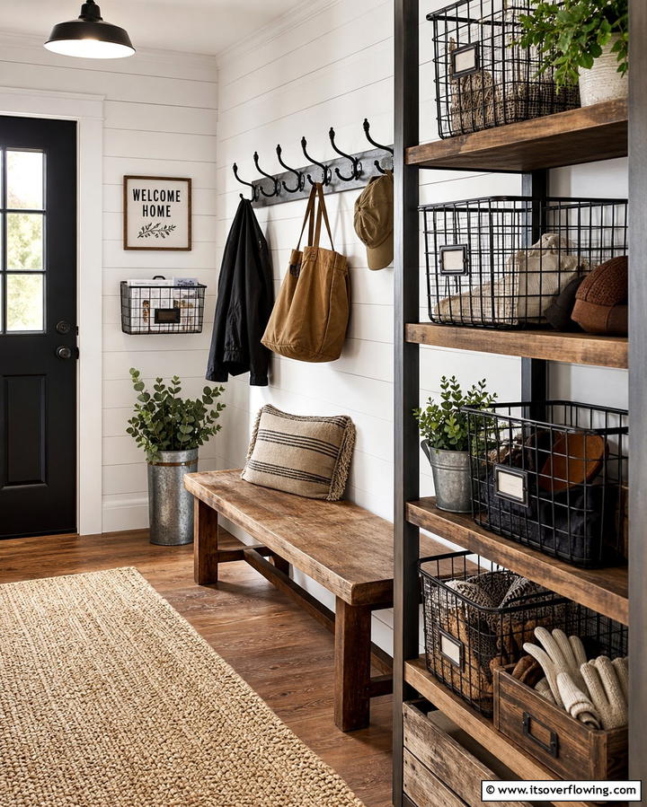 Wire Baskets - 25 Farmhouse Entryway Ideas for a Warm and Welcoming First Impression