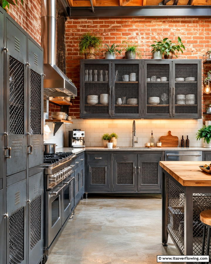 Wire Mesh Cabinet Doors for a Light Look - 25 Industrial Kitchen Ideas for a Modern Look