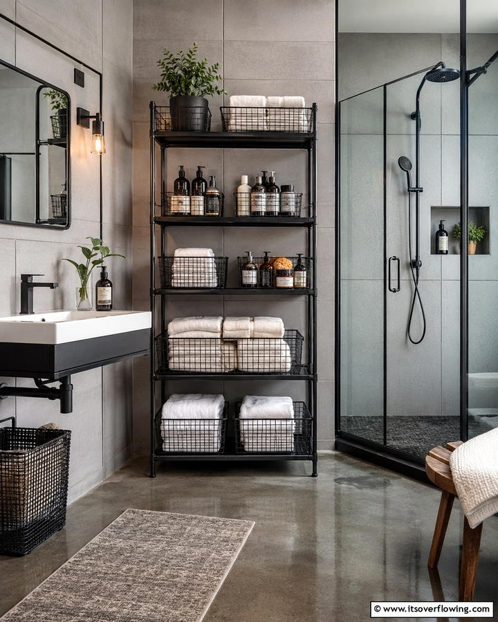 Wire Mesh Storage Baskets - 25 Industrial Bathroom Ideas for a Bold Look