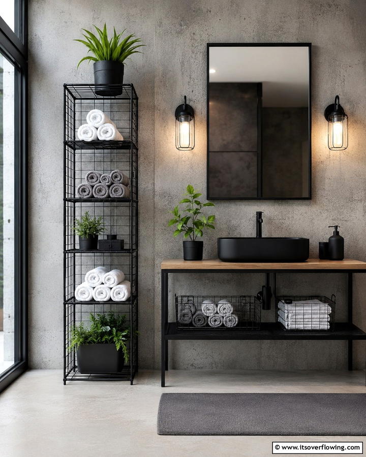 Wireframe Storage Units - 25 Industrial Bathroom Ideas for a Bold Look