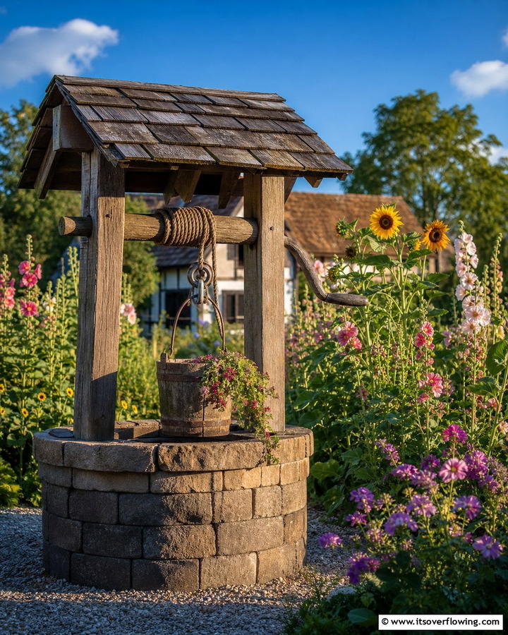 Wishing Well with Rope and Bucket Detail - 20 Outdoor Wishing Well Garden Ideas for Enchantment