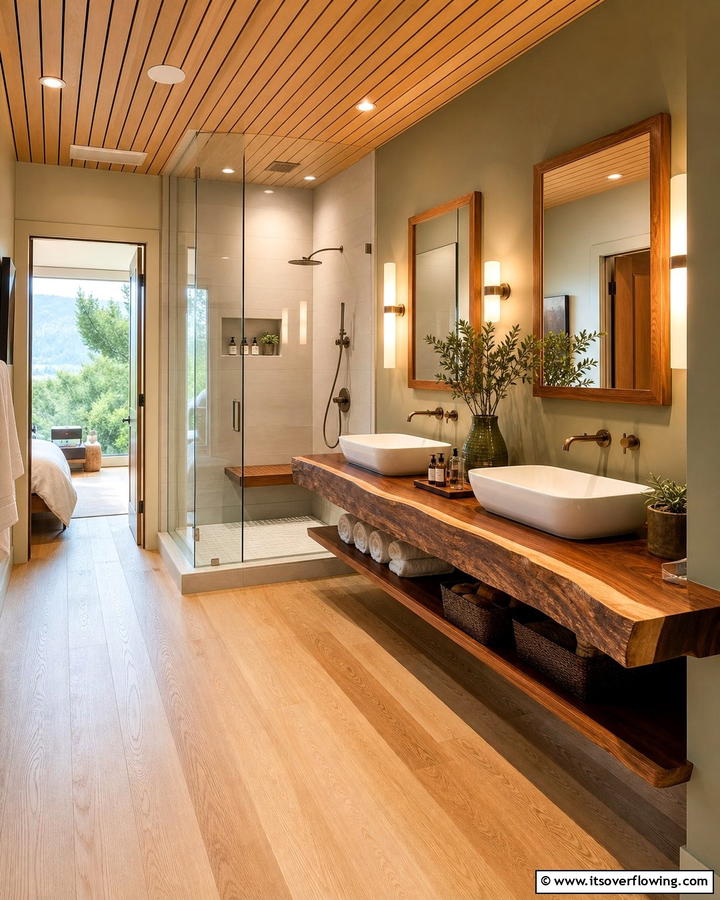 Wood Accents for Warmth and Balance - 30 Serene Spa Decor Ideas for a Relaxing Bathroom Retreat