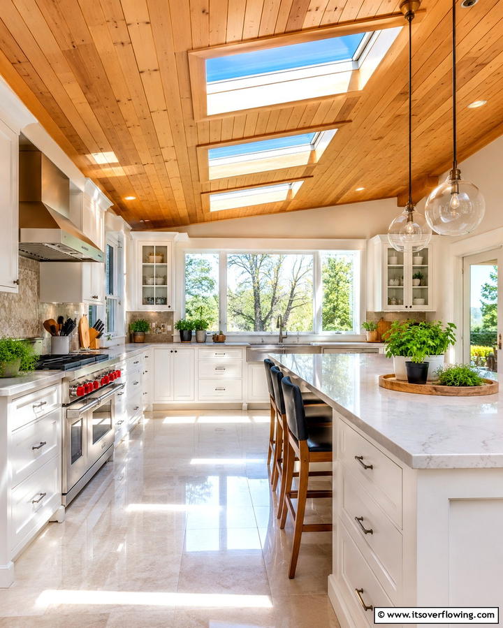 Wood Ceilings with Skylights for Natural Light - 20 Wood Ceiling Kitchen Ideas for a Warm and Inviting Atmosphere