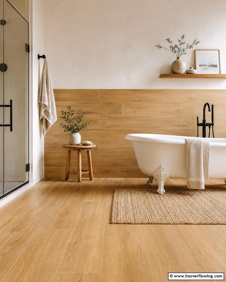 Wood Look Ceramic Tiles - 30 Half-Wall Tile Bathroom Ideas for Functional Style