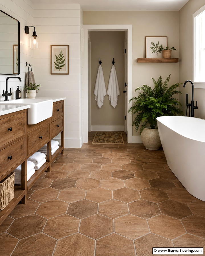 Wood Look Hexagon Tiles - 30 Bathrooms with Hexagon Tile Floor Design Ideas