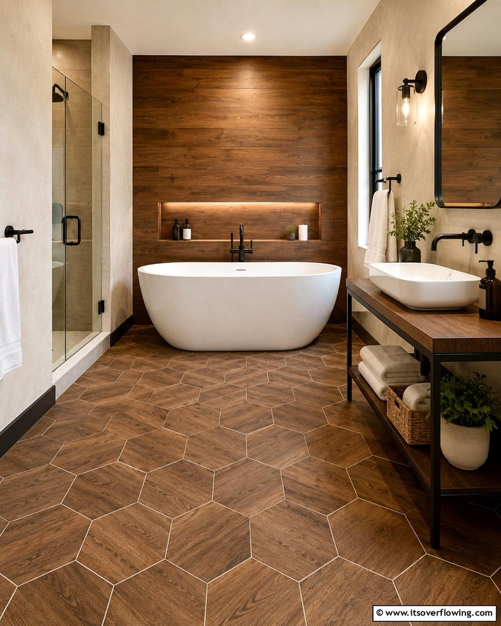Wood Look Hexagon Tiles for Natural Warmth - 30 Bathrooms with Hexagon Tile Floor Design Ideas