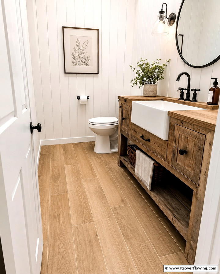 Wood Look Porcelain Tiles for Warmth - 30 Powder Room Floor Tile Ideas for Elegant Small Spaces