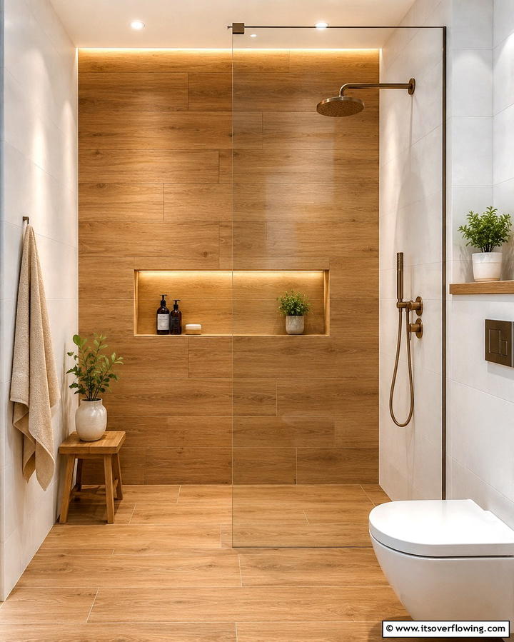Wood Look Tiles for Warmth - 25 Walk-in Shower Tile Ideas for a Luxurious Bathroom