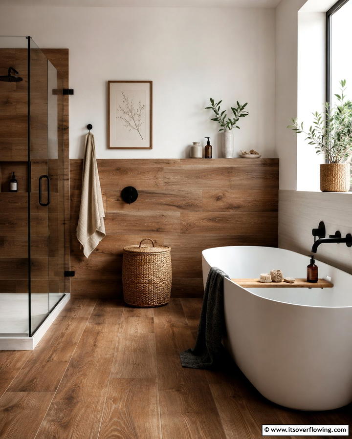 Wood Look Tiles for a Natural Touch - 30 Half-Wall Tile Bathroom Ideas for Functional Style