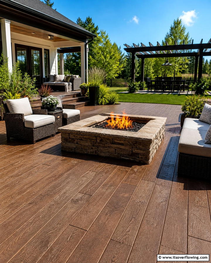 Wood Plank Stamped Concrete with Built In Fire Pit - 25 Stamped Concrete Patio With Fire Pit Ideas