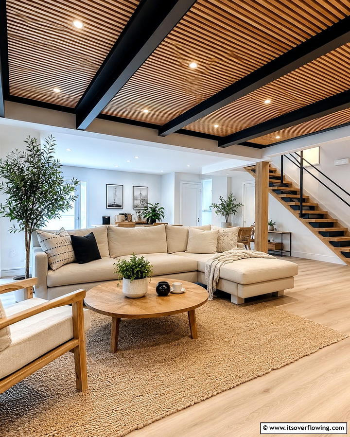 Wood Slat Ceiling for a Modern Touch - 25 Exposed Basement Ceiling Ideas for an Industrial Chic Look